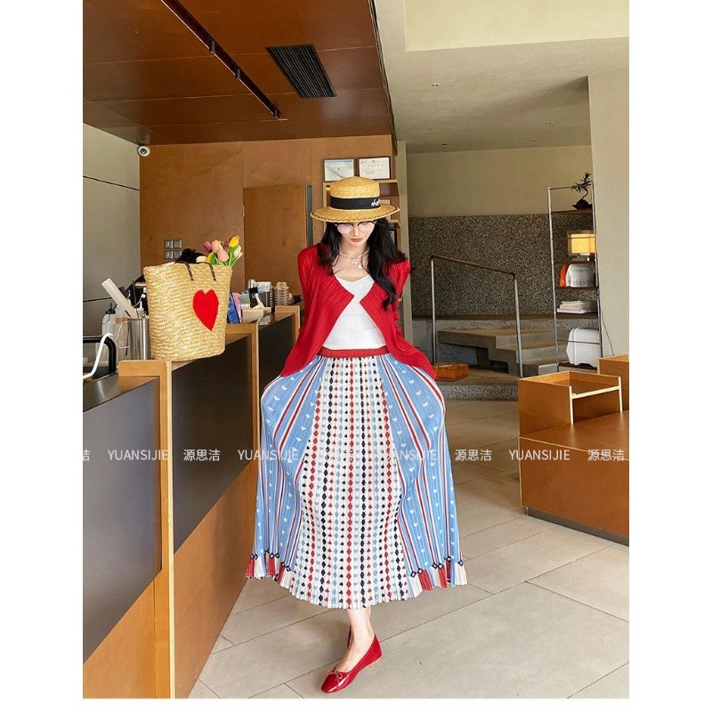 Jupe plissée imprimée à taille haute, longue et fluide pour femme