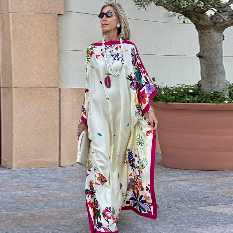 Robe imprimée pour femme, col rond, manches larges, taille haute, longue, style swing, tenue de rendez-vous, mode quotidienne, style 2026