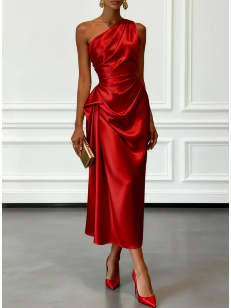 Robe midi élégante à une épaule en satin plissé pour soirée formelle ou cocktail
