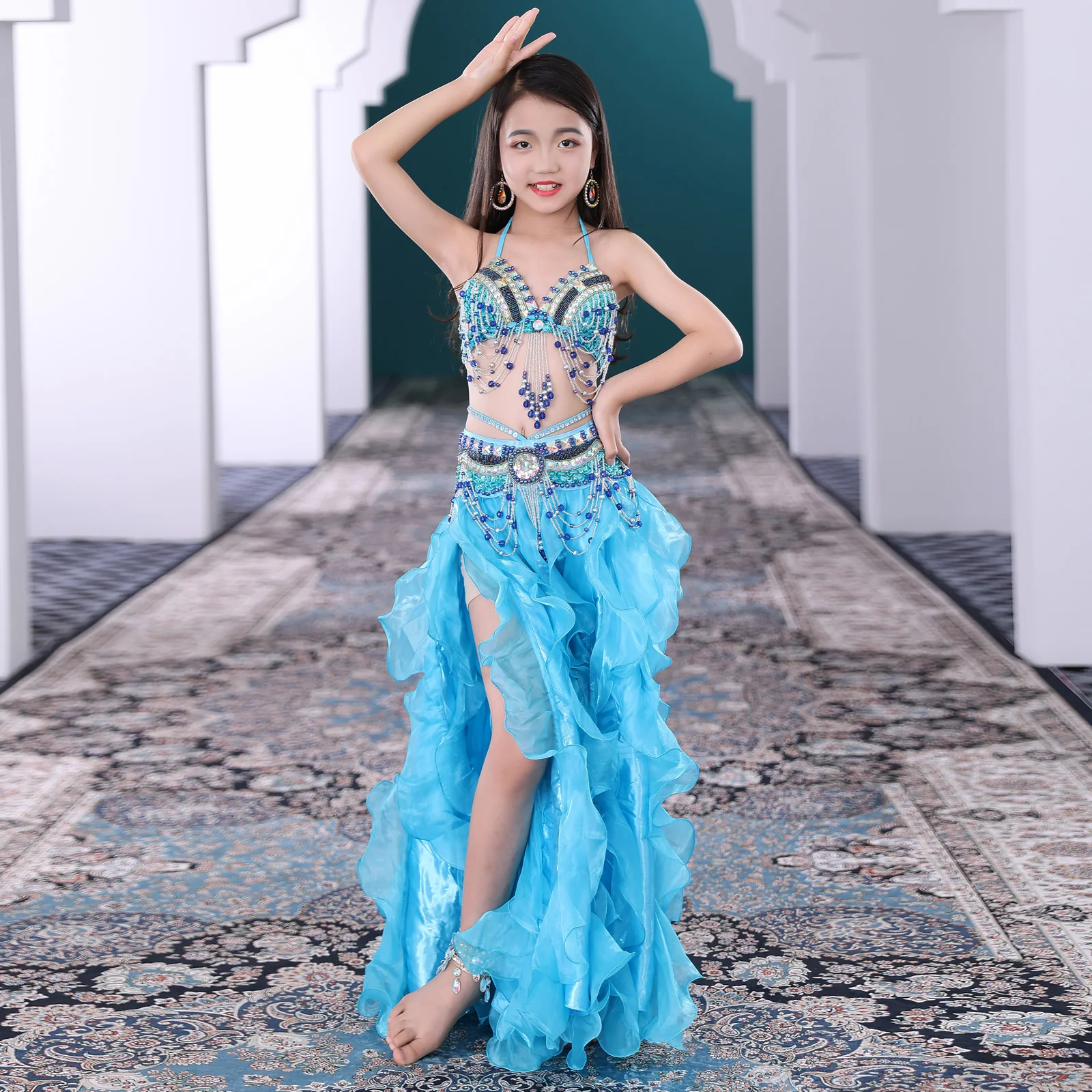 Ensemble de costumes de danse du ventre pour enfants, vêtements de danse orientale pour enfants, tenue pour filles, soutien-gorge, ceinture, jupe perlée