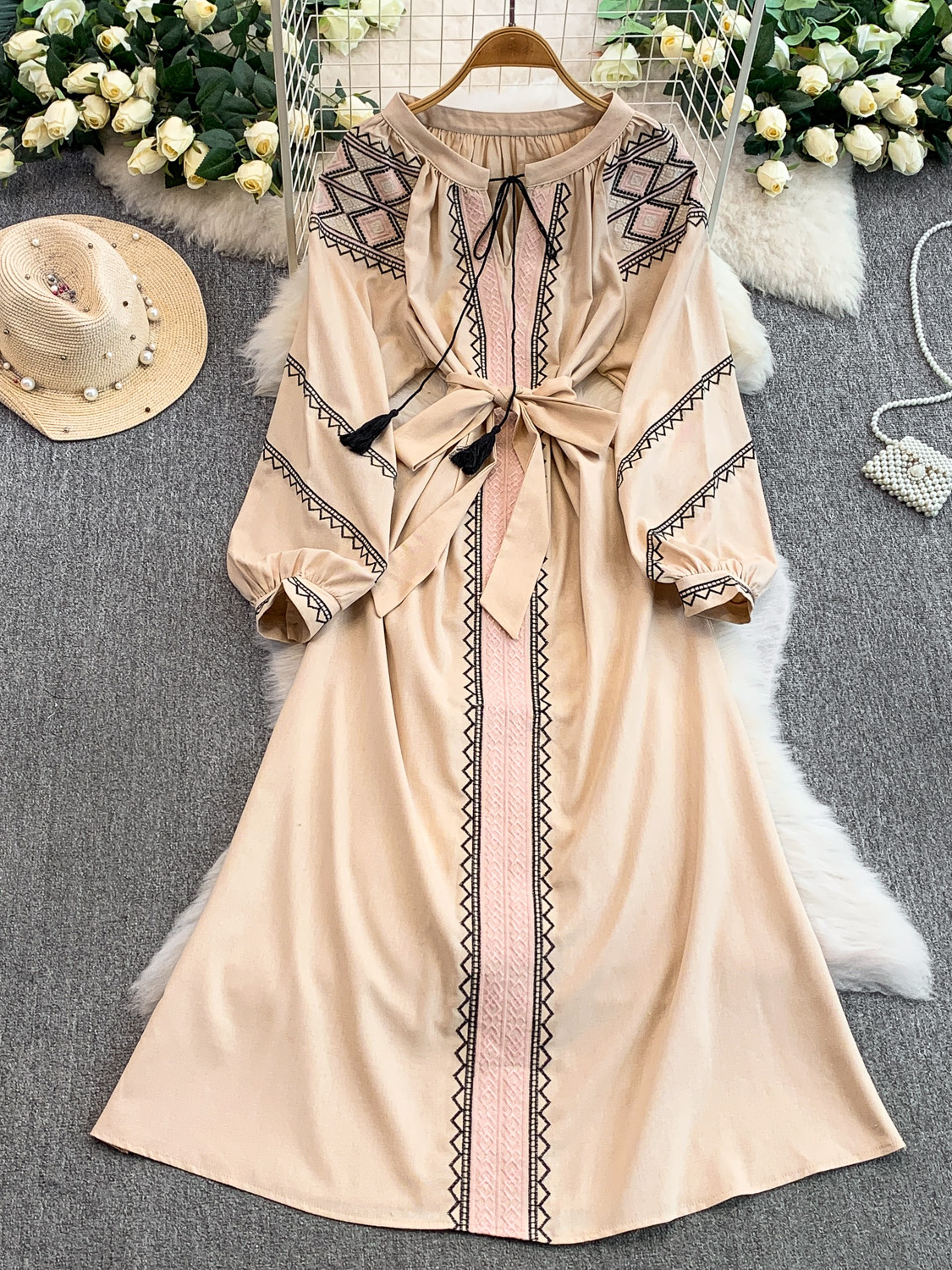 Robe brodée pour femmes, Style ethnique bohème, longue, col rond, Style académique, mélange de lin et de coton, printemps-automne, DS255
