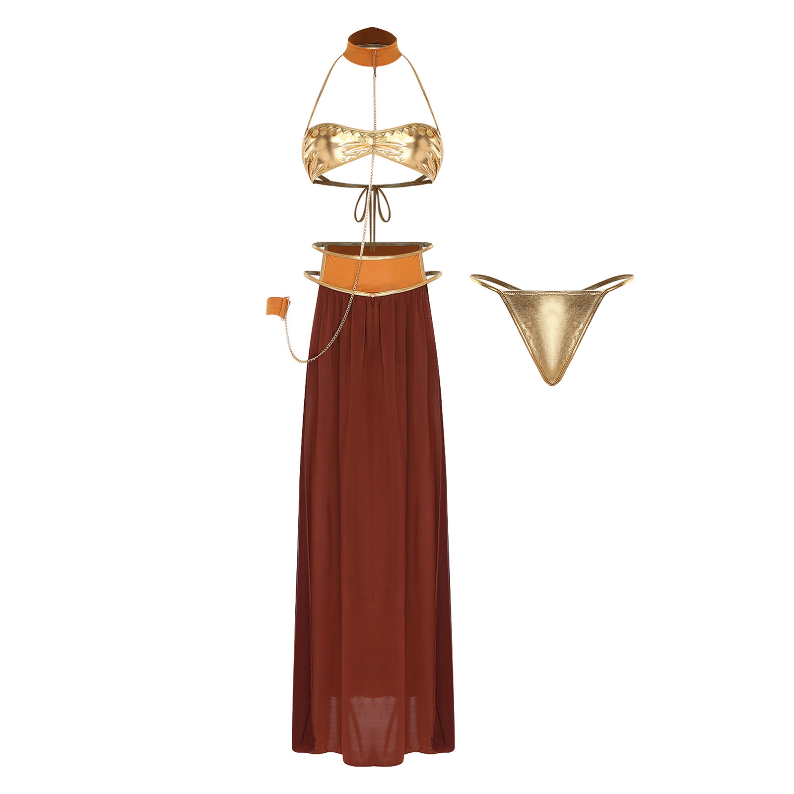 Jupe Maxi fendue sur le côté pour femmes, soutien-gorge métallique et string t-back, chaîne liée, ras du cou, bracelet, Costume de danse du ventre de princesse arabe