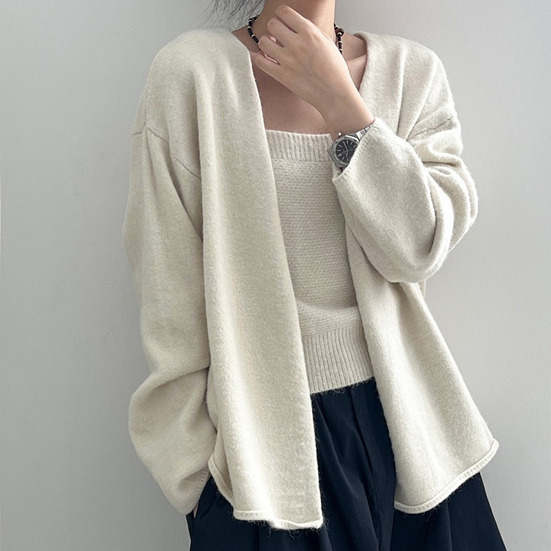 Ensemble cardigan et débardeur en tricot uni style coréen pour femme – Pull décontracté à épaules tombantes, vêtement d'extérieur doux et ample pour l'automne et l'hiver