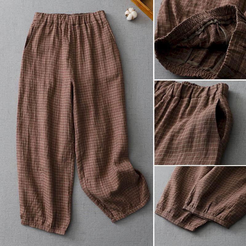 Pantalon en coton et lin à carreaux, ample, décontracté, Vintage, mode coréenne, Harajuku, vêtements pour femmes, Bloomers, lanterne, Baggy
