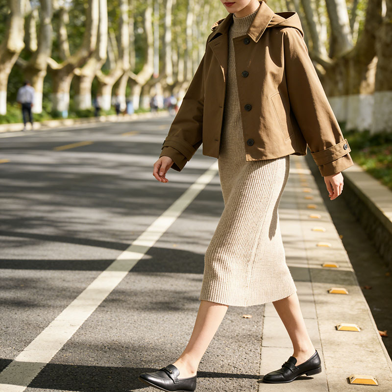 Manteau court à capuche pour femme en vert olive, marron et noir, double boutonnage avec détails de poches, veste décontractée