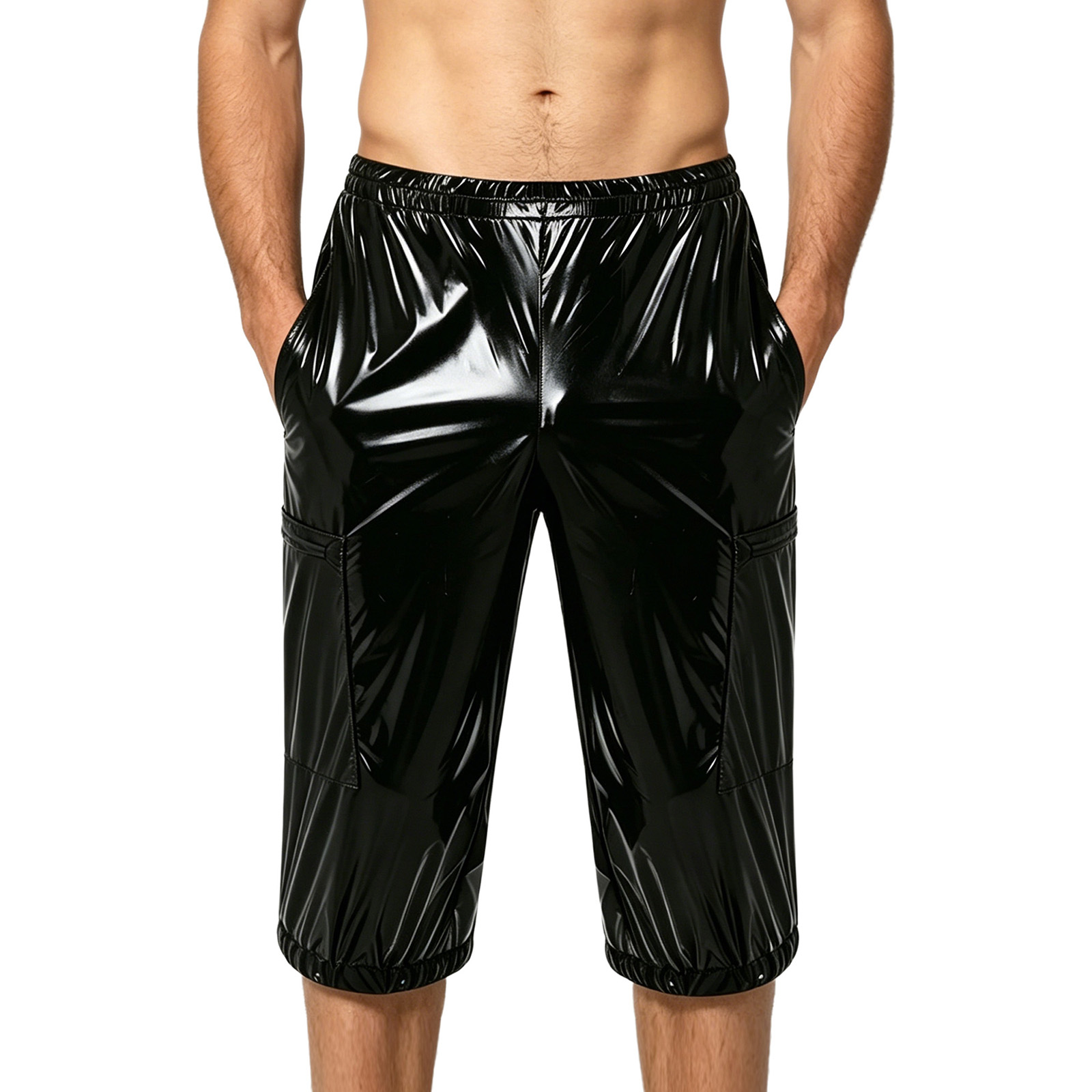 Pantalon Capri Brillant pour Homme, Coupe Courte, Décontracté, Extérieur, Multi-poches, Fermetures Éclair, Taille Élastique, Style Salopette, Tenue de Club