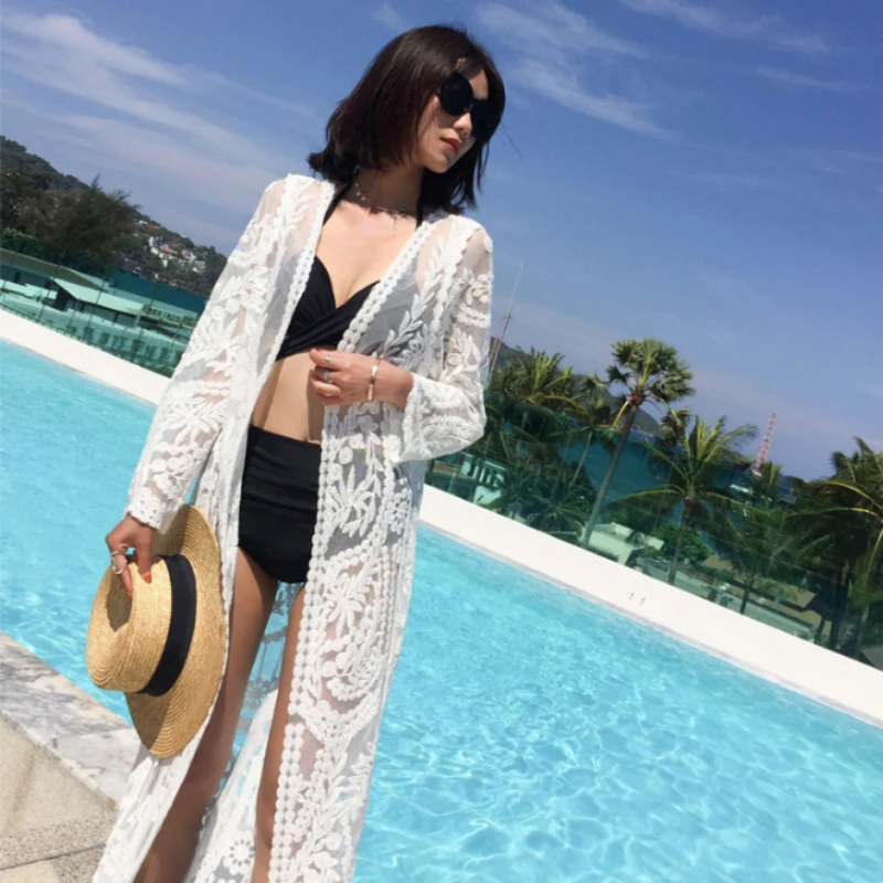Robe de plage en dentelle blanche pour femmes, maxi, manches longues, cover-up, sexy, transparent, boho, bikini, vêtements de plage, été, 2024