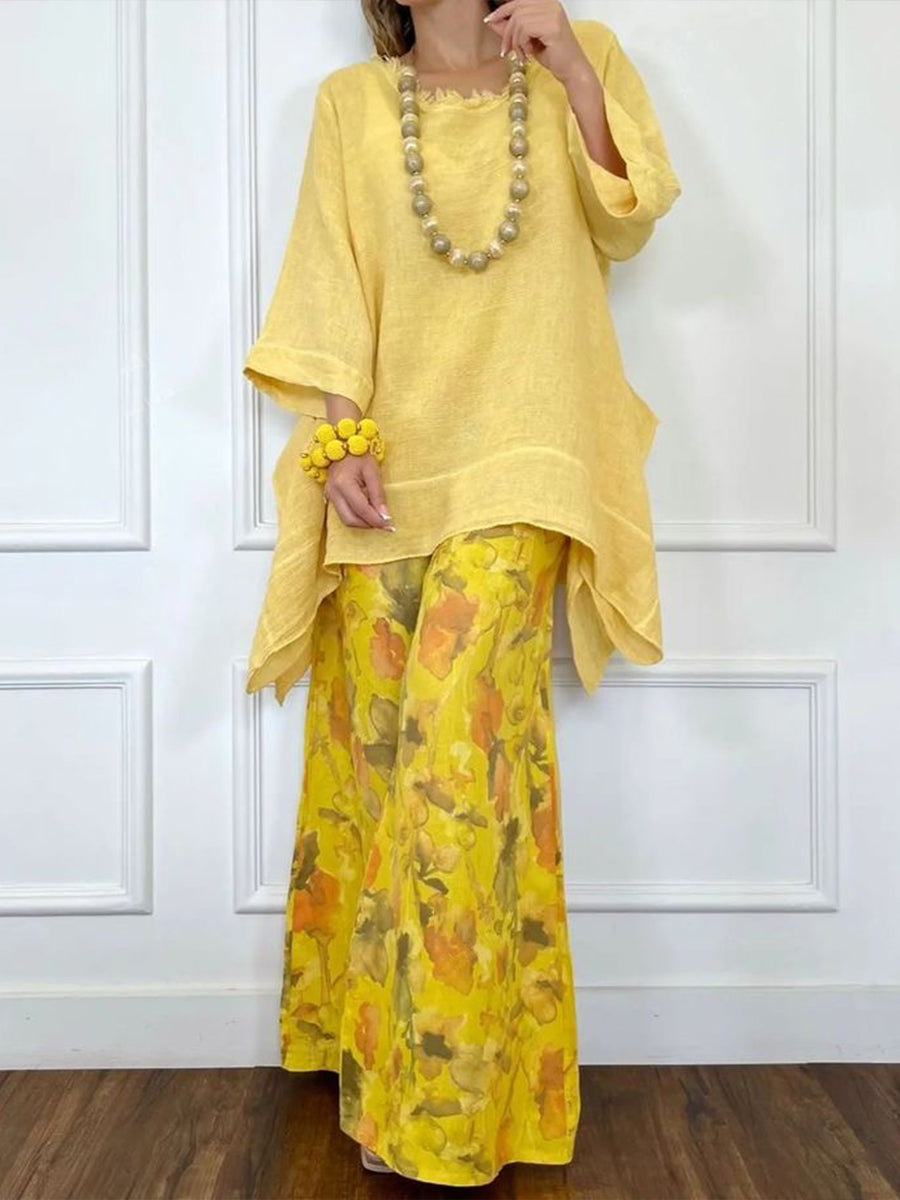 Ensemble 2 pièces pour femmes, haut en coton et lin à ourlet irrégulier, pantalon large, style décontracté rétro élégant, pantalon simple pour l'été