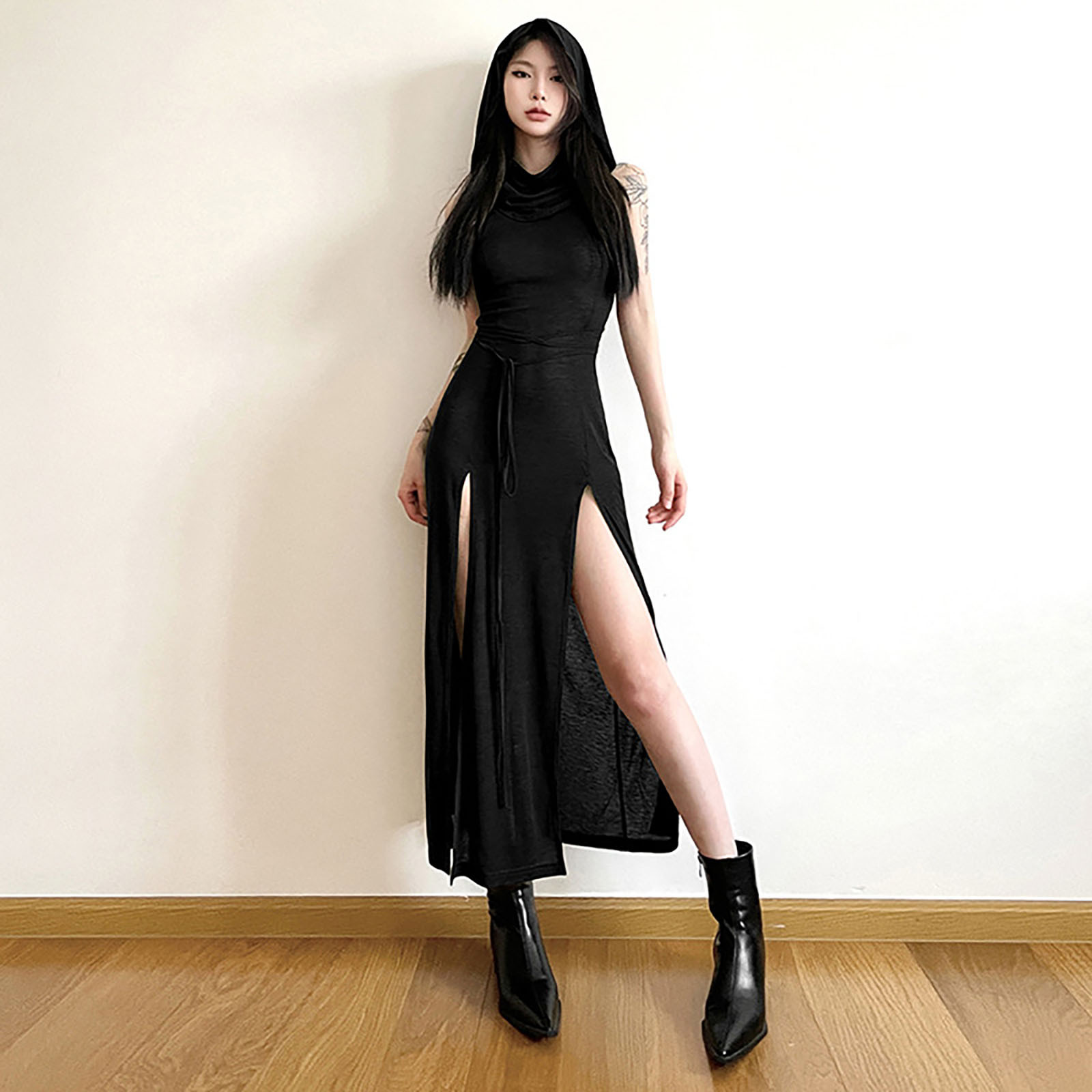 Robe à capuche gothique pour femme, Streetwear monochrome, Robe midi évidée, Cyber Y2k, Goth, Punk Grunge, Côté fendu sexy, Desert Walker