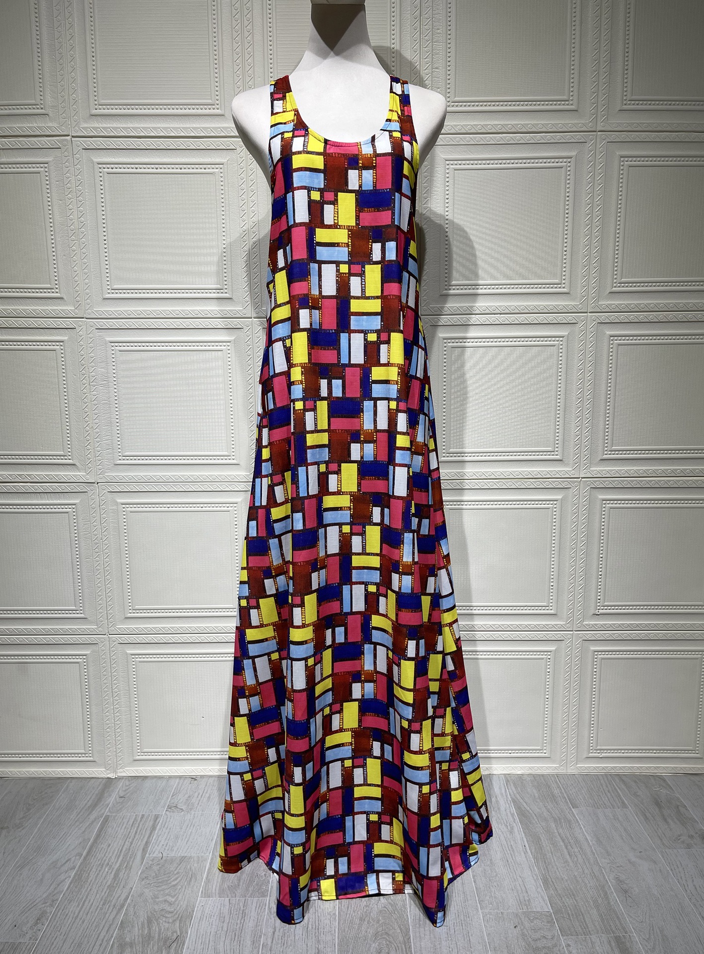 Carrés colorés sans manches longues robes femmes mode Sexy col en U poche ample Maxi robe été dame vacances trajet robe