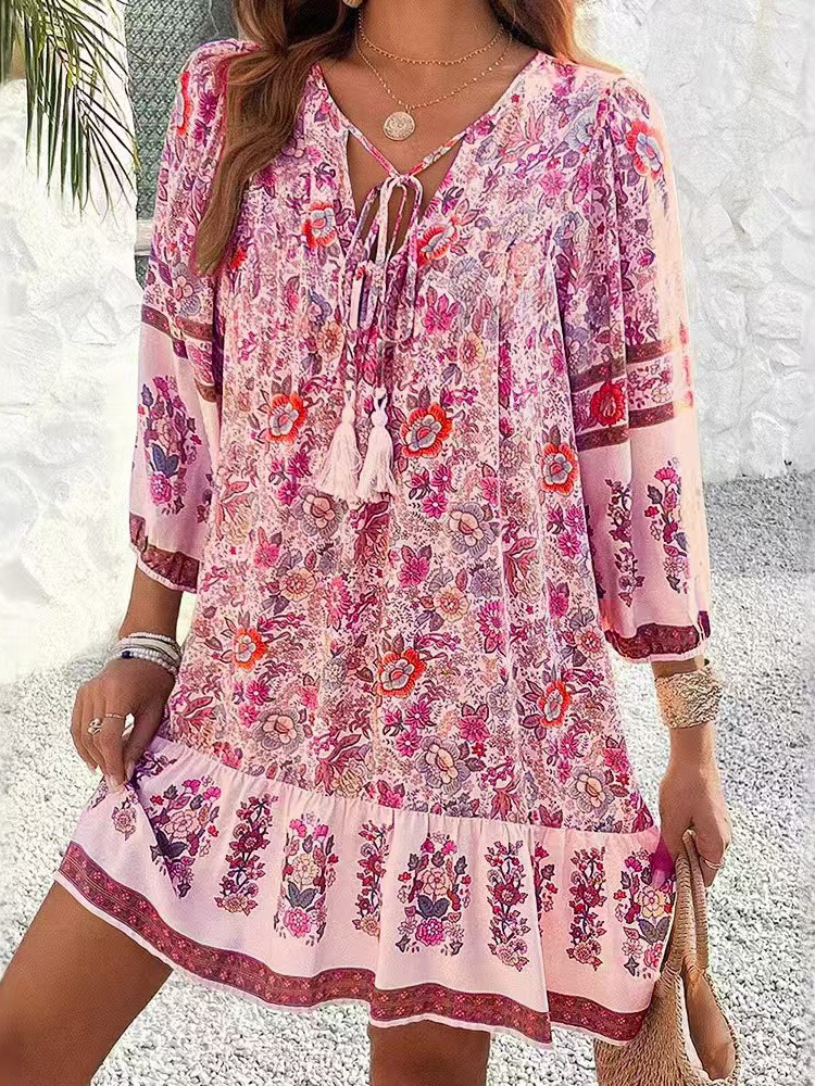 Robe ample imprimée décontractée pour femmes, mode manches longues, col en V, à lacets, Vintage, pull, style Boho, vêtements de vacances pour femmes