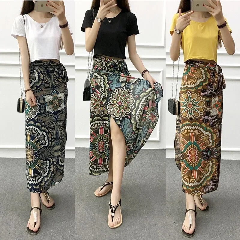 Jupe florale de plage d'été pour femmes, jupe longue portefeuille taille haute avec fente latérale, détail de cravate, Style Boho, Design Y2K