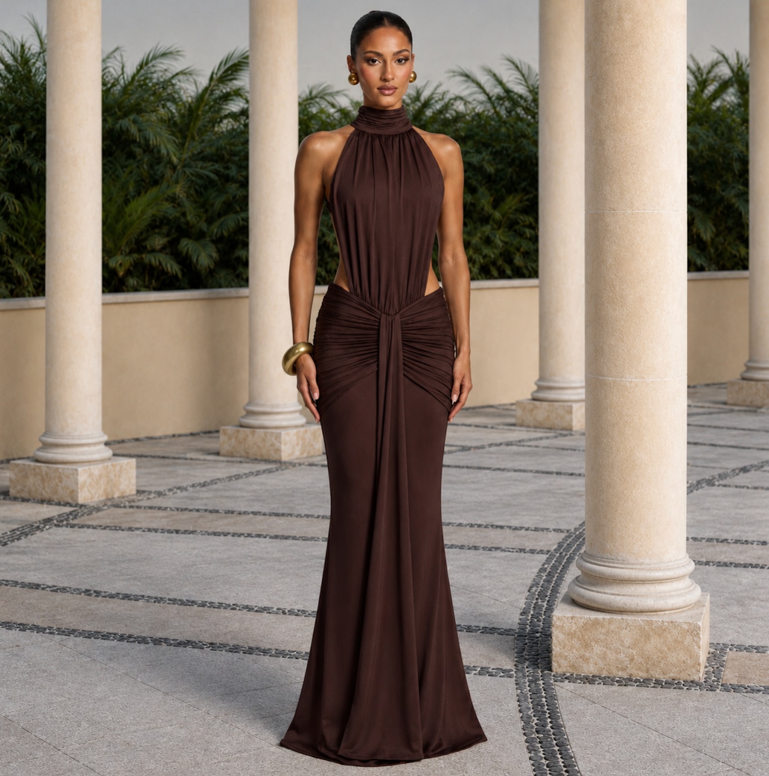 Robe longue de luxe à col roulé et dos nu pour femme, sexy, élastique, moulante, ajourée, maxi, pour soirée d'été, club, marron, noir, rouge