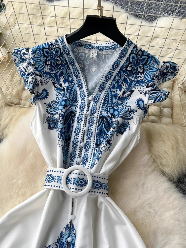 Robe longue bohème à imprimé esthétique pour femmes, vêtements ceinturés à simple boutonnage, mode française, vintage, rétro, nouveau design, été