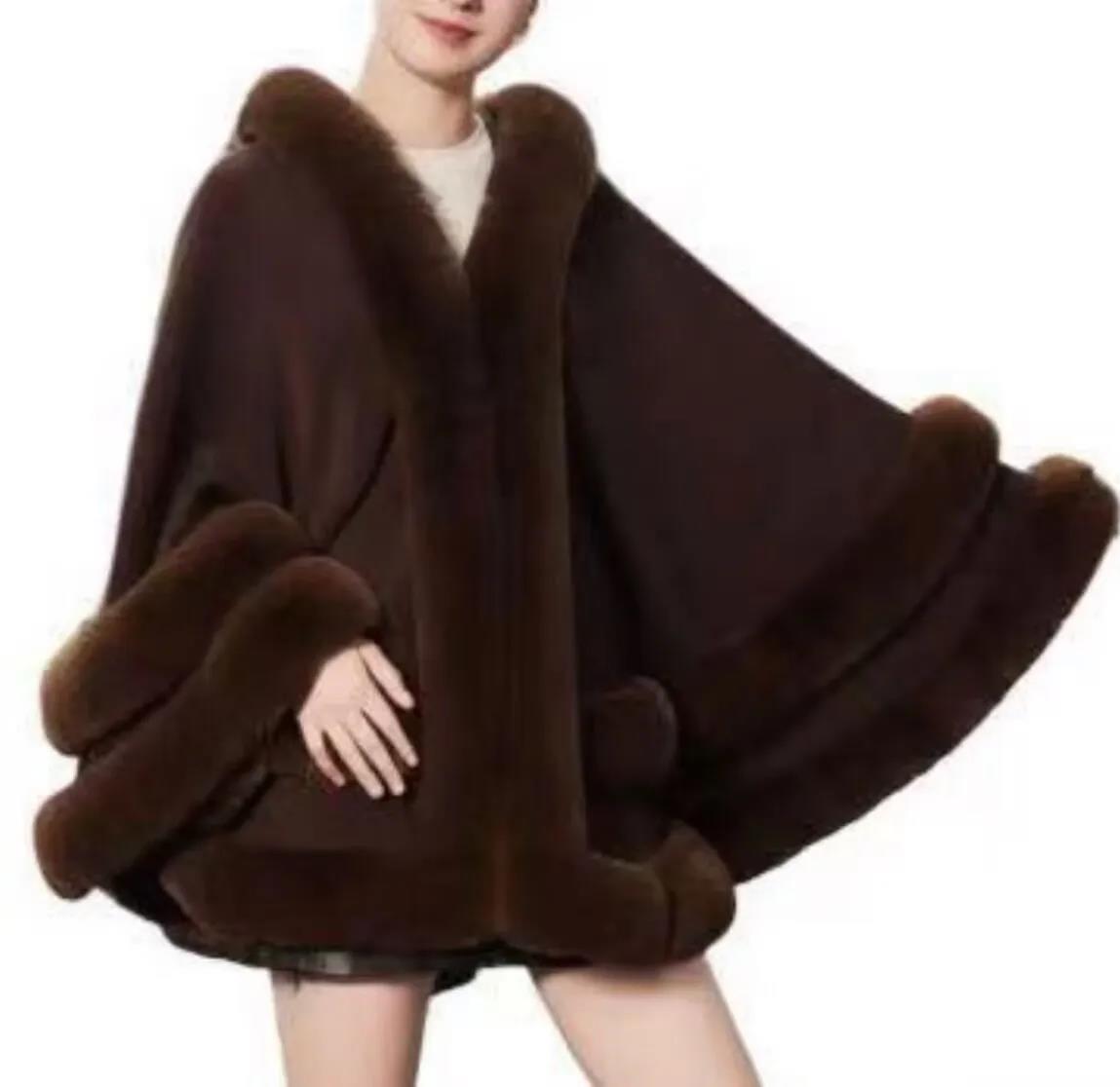 Cape de luxe pour femme, 5 couleurs, automne-hiver, épaisse et chaude, avec 2 cercles en fausse fourrure de lapin, idéale pour mariage