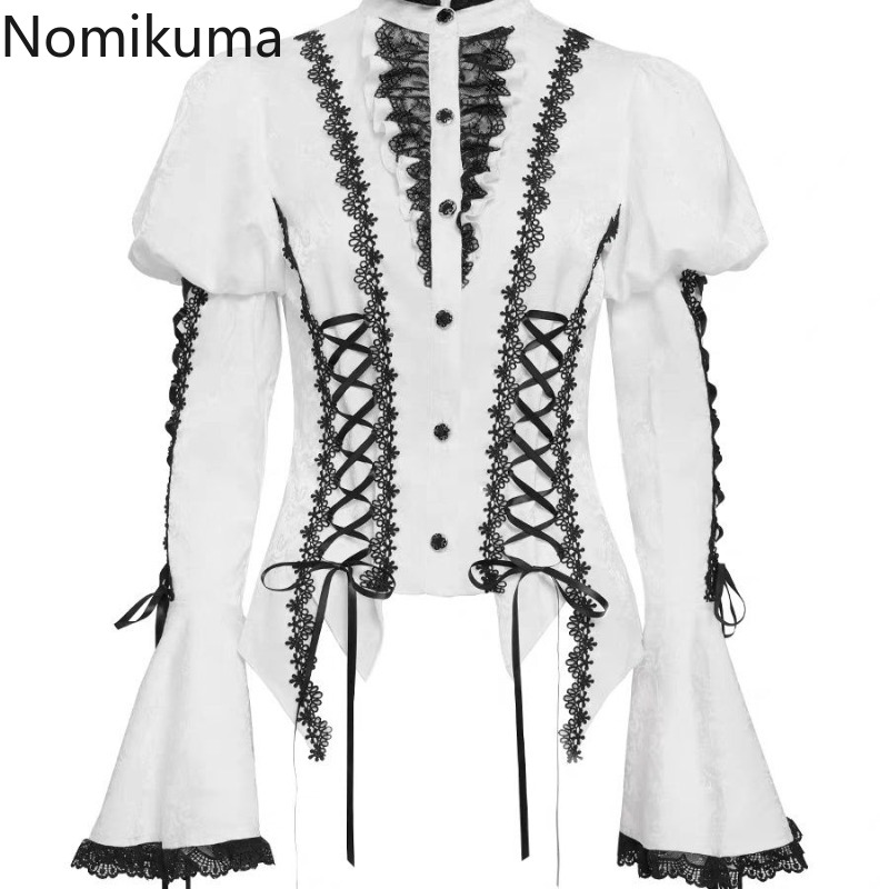 2026 Blouses japonaises pour femmes, Chemises de mode gothique, Manches évasées, Col montant, Taille ajustée avec bandage, Hauts blancs