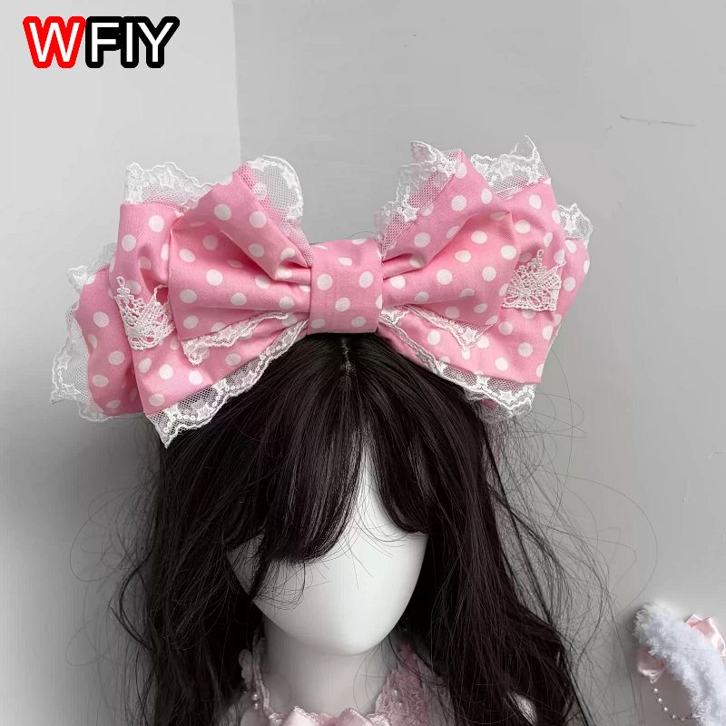 Serre-tête original fait main à pois rose clair à trois couches, style Lolita, pour fête du thé, accessoire de cheveux grande taille KC