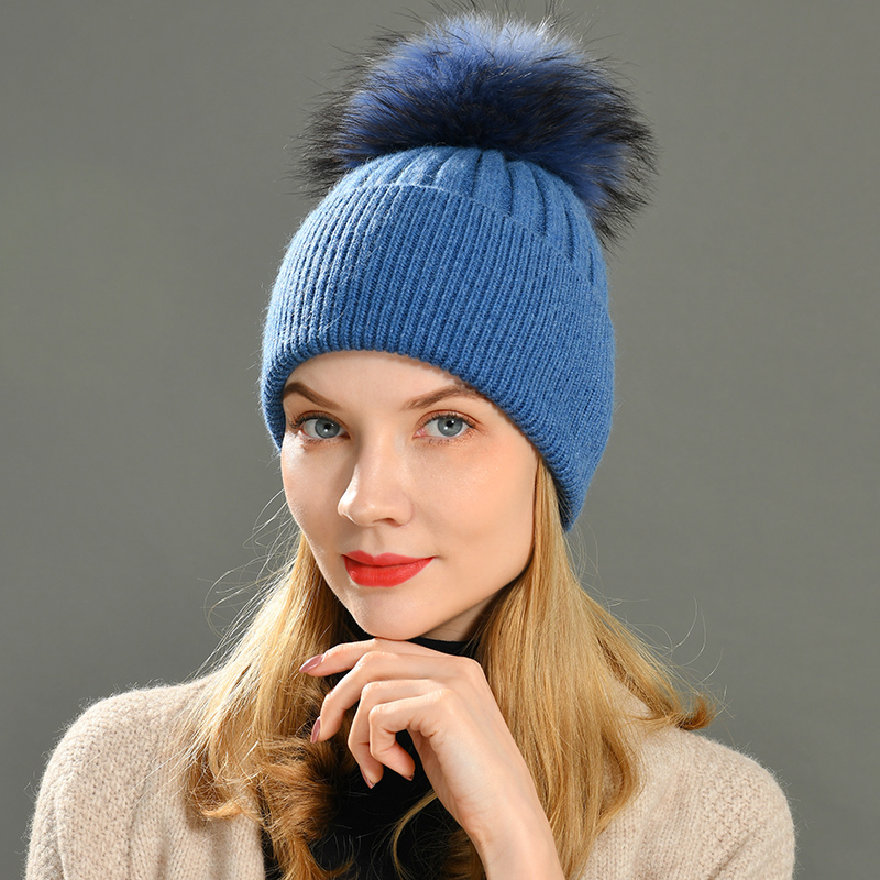 Femmes chapeau d'hiver femme amovible réel fourrure de raton laveur pompon chapeau casquette laine tricoté chapeau fourrure naturelle Pompon chapeau pour femmes bonnets