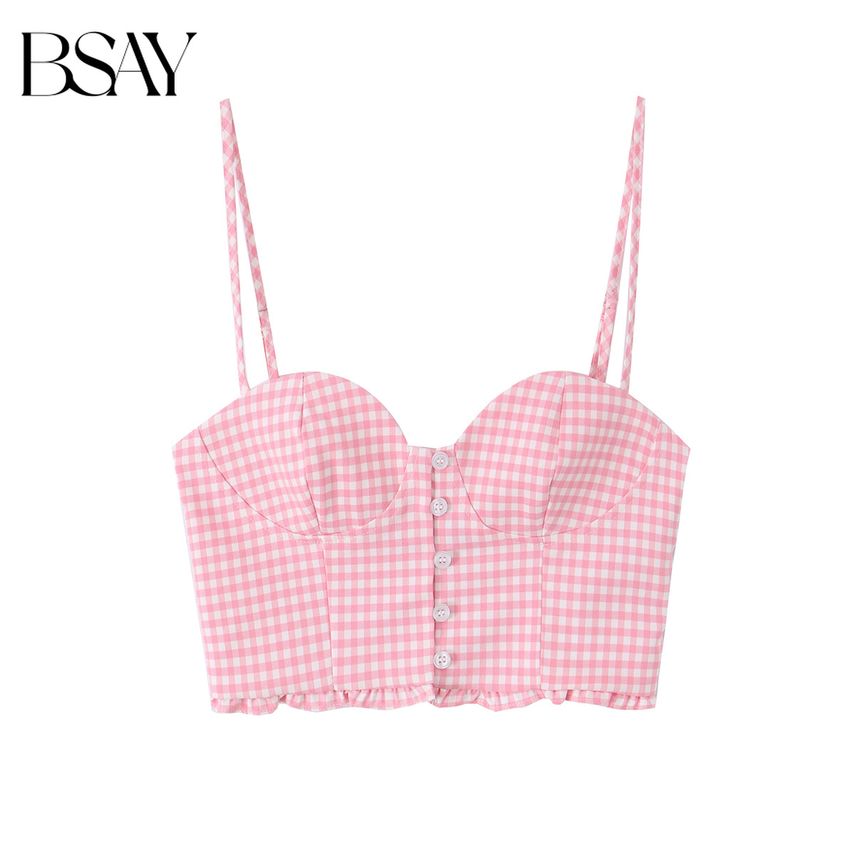 BSAY Coquette Pink Gingham Bustier Crop Top pour femme, débardeur corset à col cœur, fines bretelles, boutons sur le devant et ourlet à volants, style mignon d'été