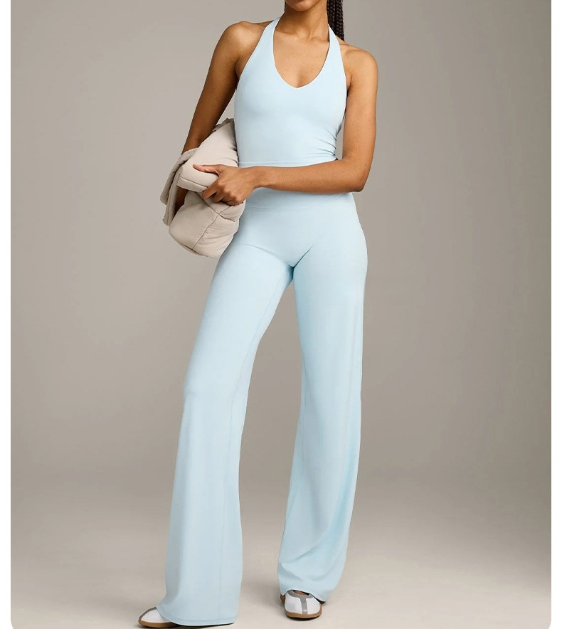 Ensemble Athlétique Assorti : Crop Top Sportif Halter Col V Dos Nu et Pantalon Taille Haute Ample Respirant Extensible pour Gym, Yoga et Fitness