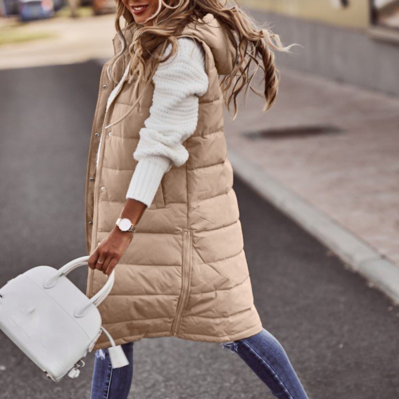 Manteaux d'hiver longs pour femmes, gilet avec capuche, matelassé, veste en coton, sans manches, manteau chaud avec poches, vestes d'extérieur, S-5XL
