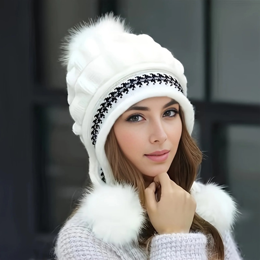 Chapeau d'hiver doux et chaud en fourrure, doublé en polaire, avec rabats d'oreilles pour femmes, bonnet en tricot décontracté, bonnet épais et thermique pour temps froid