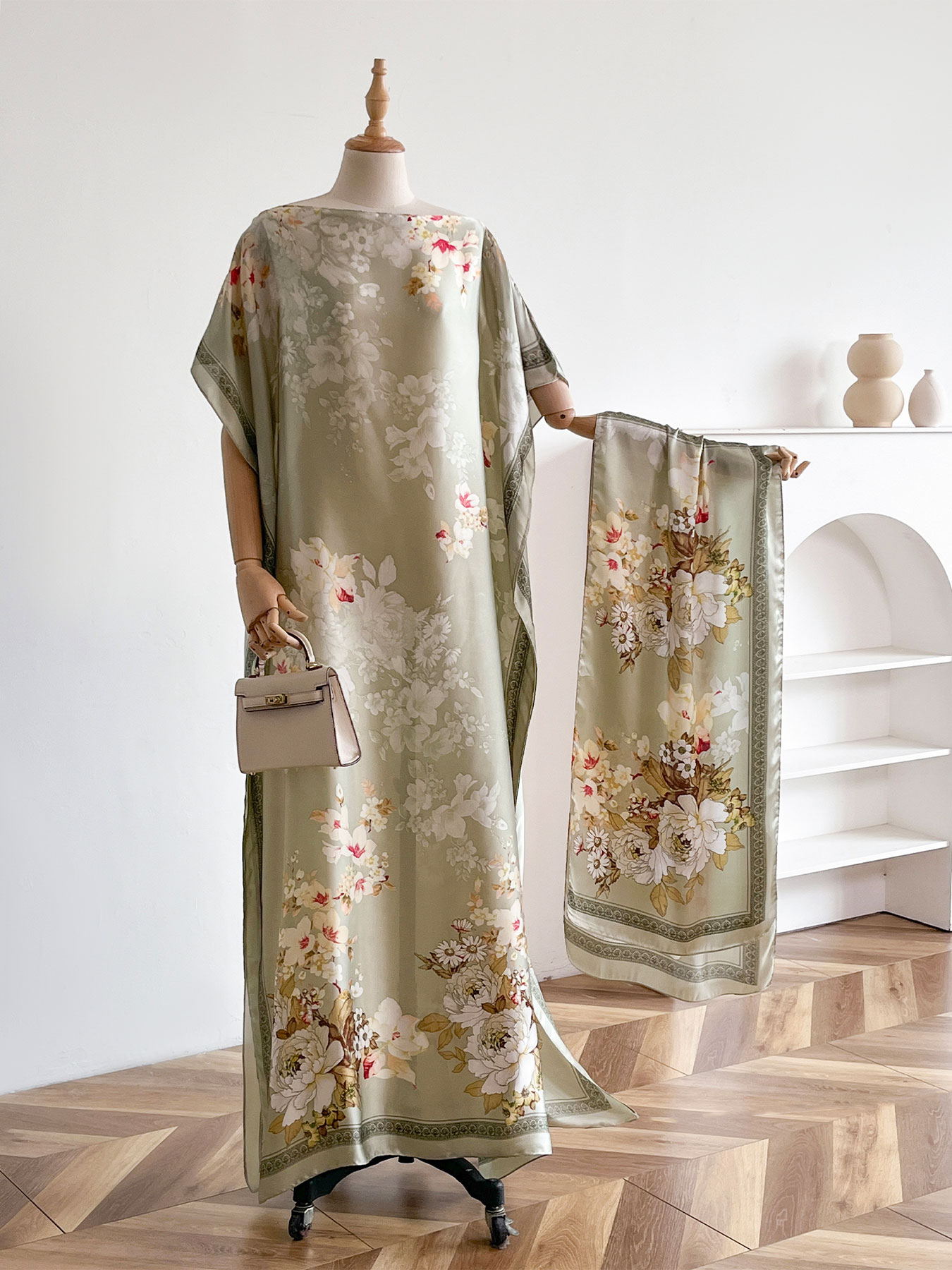 Ensemble abaya et foulard en satin à imprimé floral pivoine vintage, kaftan maxi ample à manches chauve-souris pour femmes musulmanes, idéal pour les vacances d'été et le quotidien