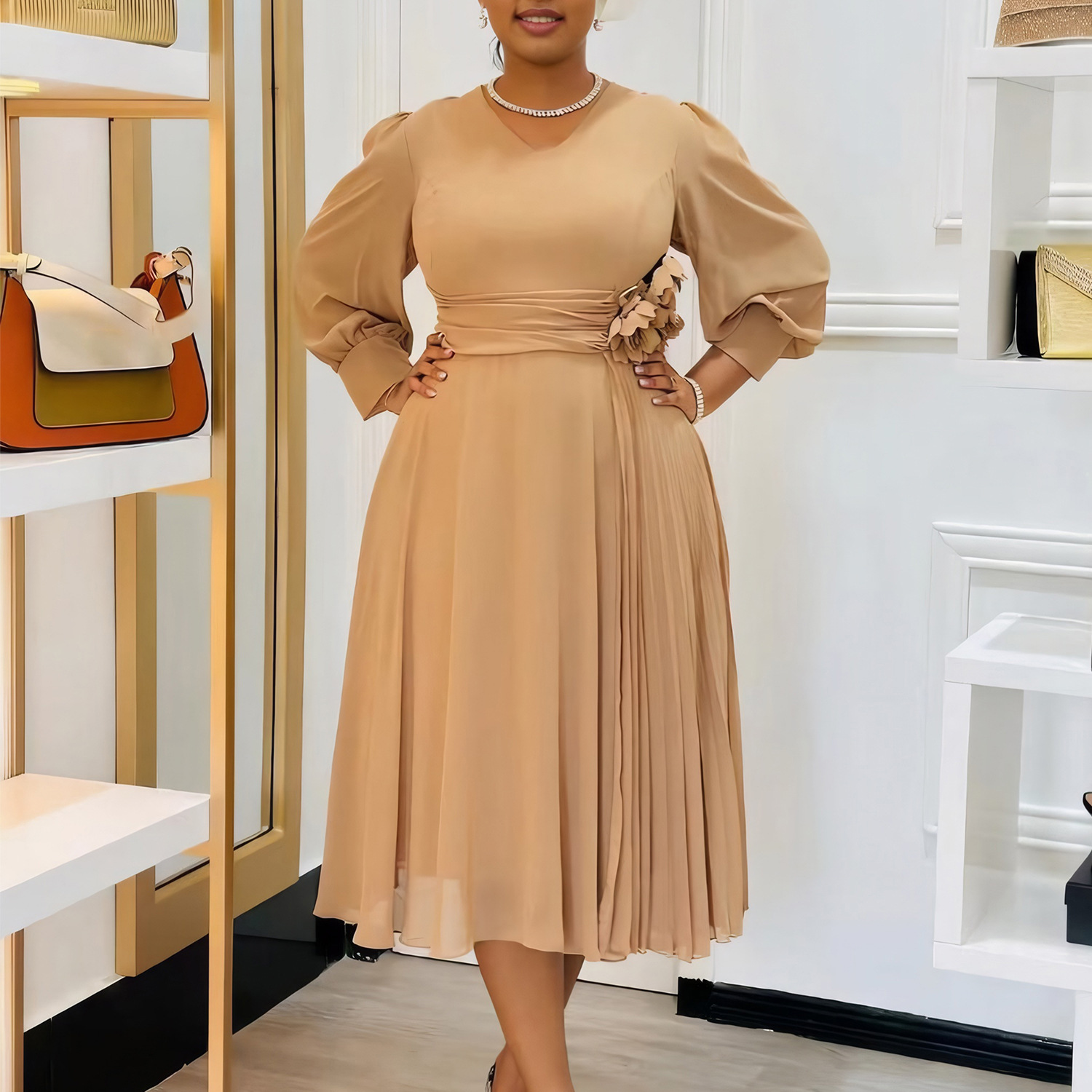 Robe longue pliable pour femmes, col en V, manches longues, fleur tridimensionnelle, taille serrée, Maxi, été, ligne A, 2025