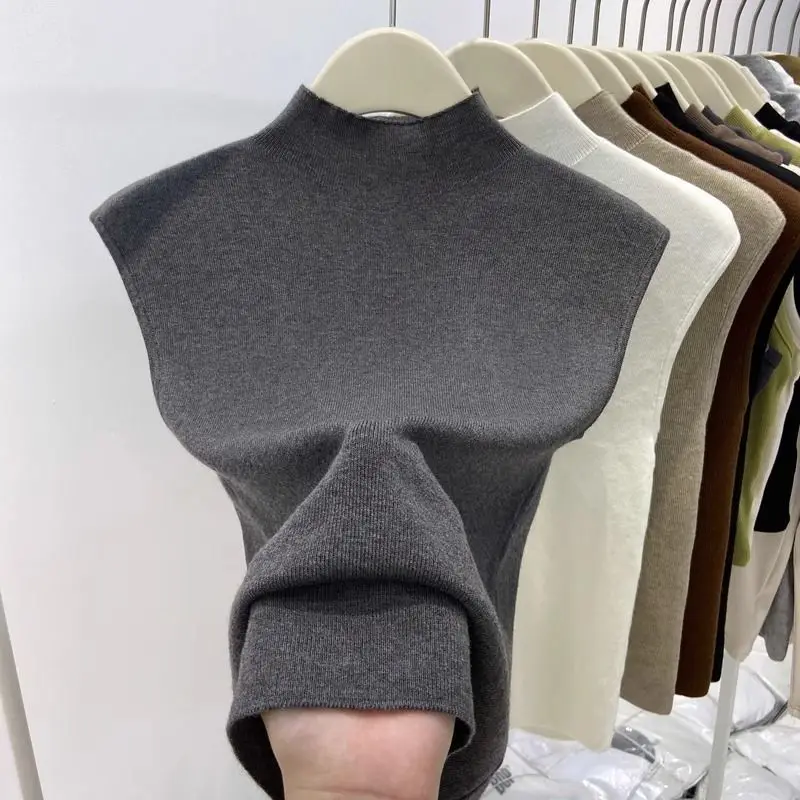 T-shirts tricotés à col mi-haut uni sans manches pour femme, basiques de mode printemps-été, Ropa De Mujer