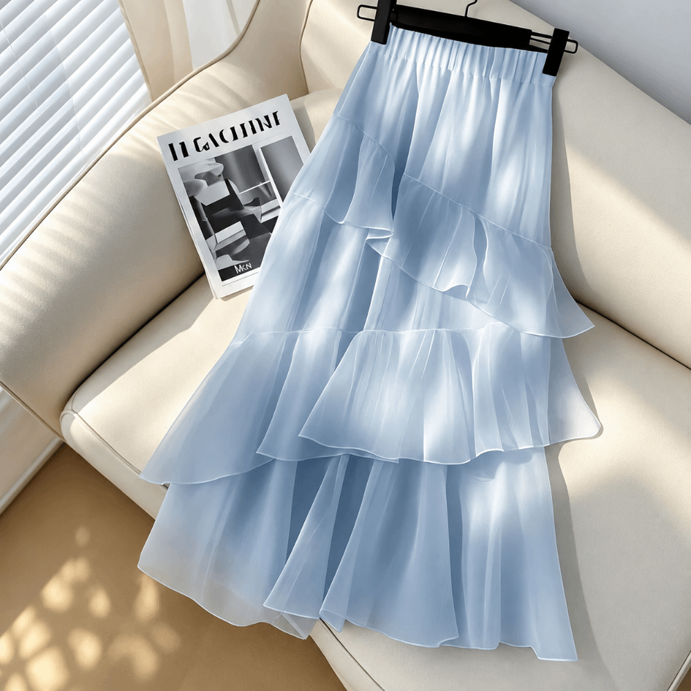 Jupe longue bleue tendance à volants, taille haute, coupe trapèze, style décontracté, jupe à étages pour femme