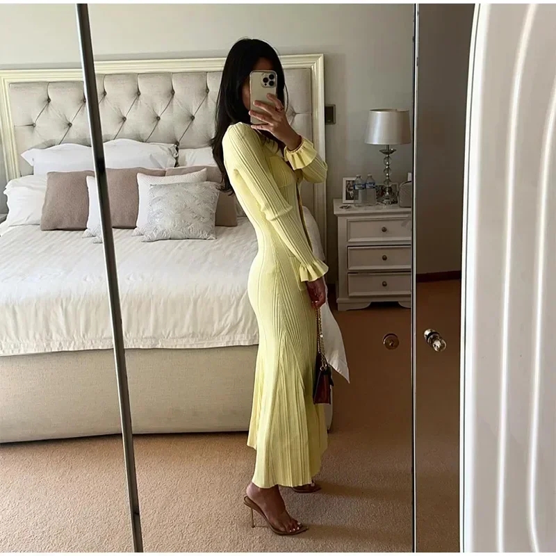 Robe tricotée d'hiver pour femmes, manches longues, volants, simple boutonnage, robes longues de fête, pull à la mode, nouvelle collection 2025