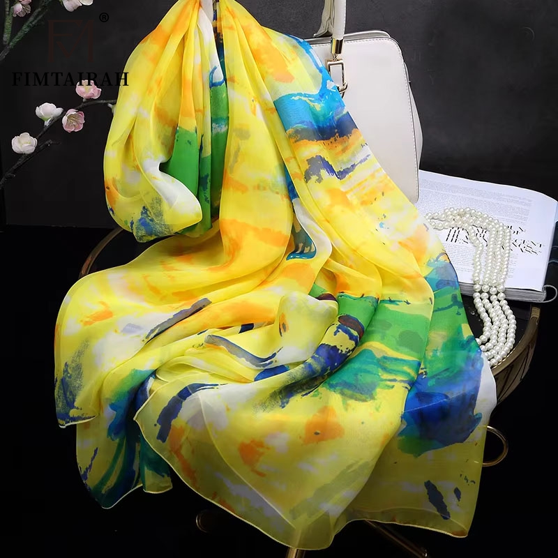 Foulard en soie imprimé jaune pour femme, châle long, doux et élégant, mode printemps automne hiver et été, 100%