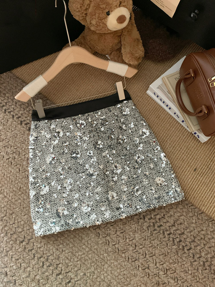 Jupe midi à paillettes pour femmes au printemps, jupe trapèze taille haute, design haut de gamme, niche, tempérament, jupe courte moulante aux hanches