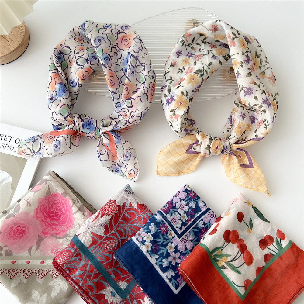 Foulard carré en coton et lin de 55 cm pour femmes, style coréen chic, bandeau décoratif tendance, foulard floral pour le cou, idéal printemps-été