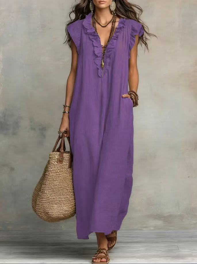 Robe longue décontractée d'été 2026 pour femme, style bohème, en coton et lin, couleur unie, col en V à volants, sans manches, coupe ample, avec poches, pour la plage