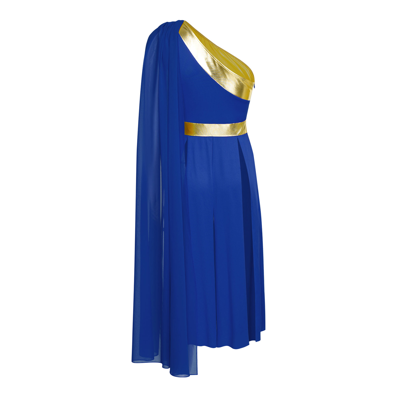 Robe de danse lyrique pour femmes, asymétrique à une épaule, sans manches, avec drapé, ourlet fendu métallique, style tunique, costume de danse pour adultes