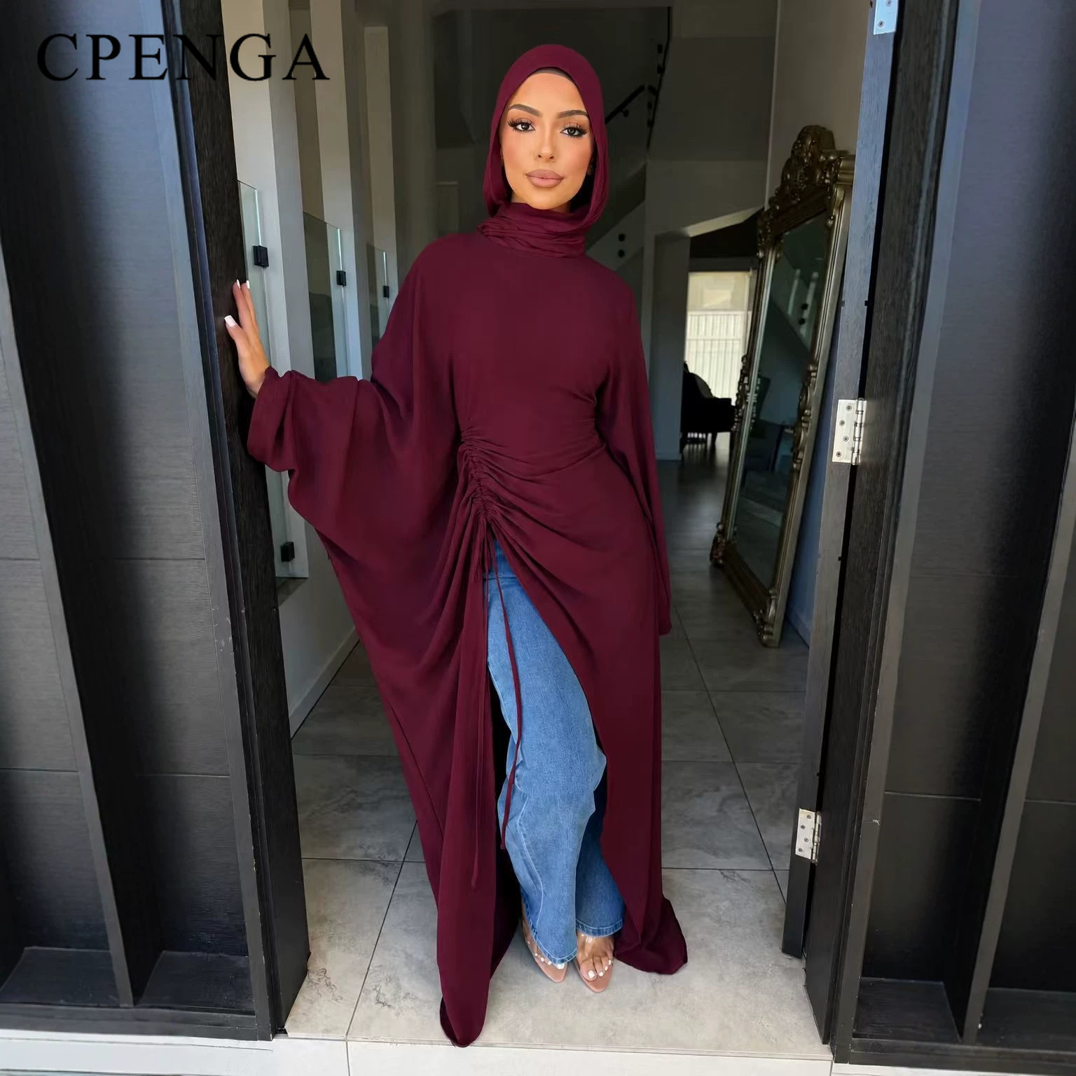 2026 Robe élégante pour femme musulmane, Abaya Kaftan modeste avec fente latérale et manches chauve-souris, idéale pour les fêtes de Ramadan et d'Aïd.