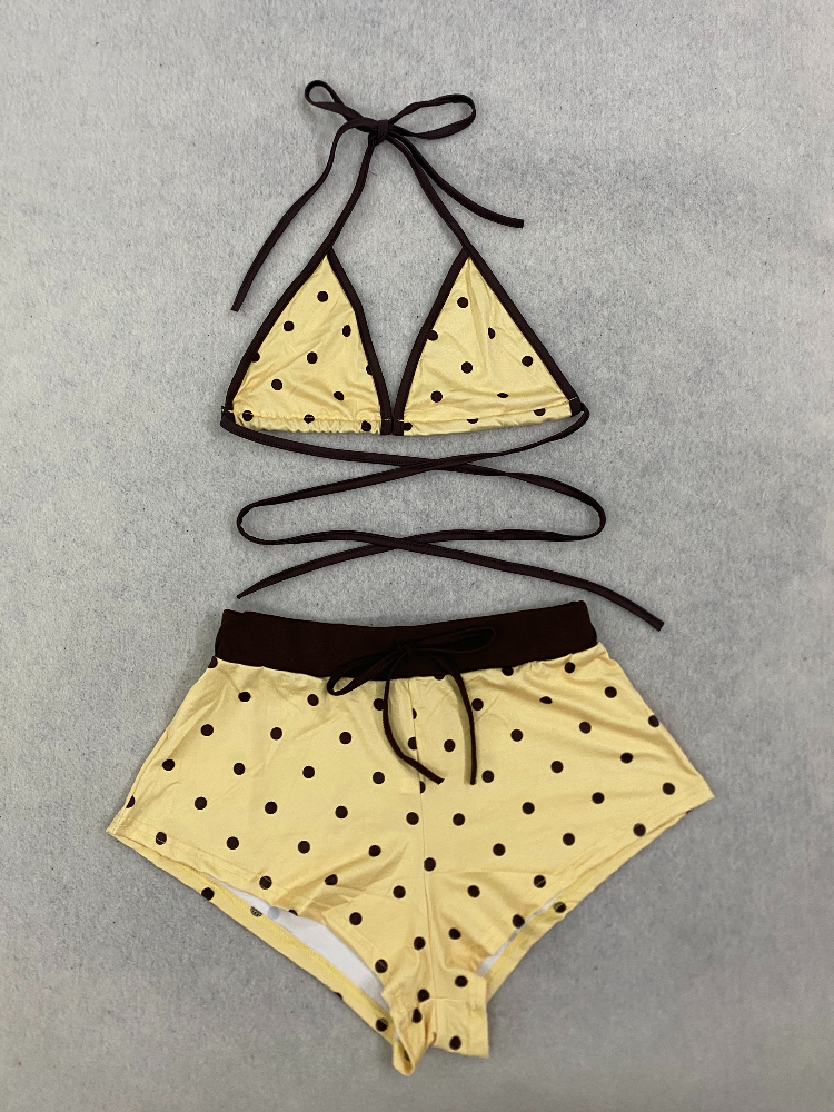 Ensemble bikini brésilien à pois pour femme, haut triangle sexy, dos exposé, bas string à fentes latérales, maillot de bain deux pièces