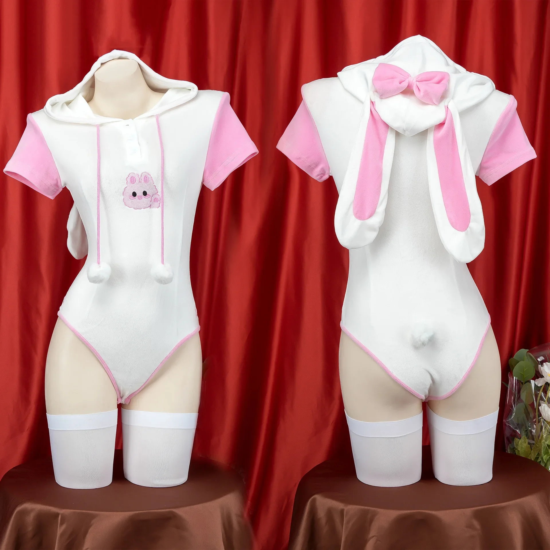 Costume de cosplay de lapine pour femme, sexy et mignon, combinaison à capuche en peluche avec oreilles de lapin, pyjama à manches courtes, tenue de performance