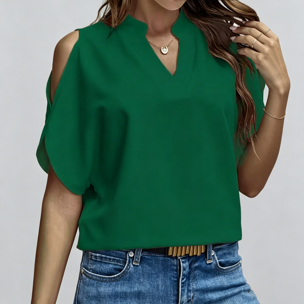 Chemise élégante à manches courtes pour femme - Couleur unie, col cranté, style européen et américain ample, haut polyvalent
