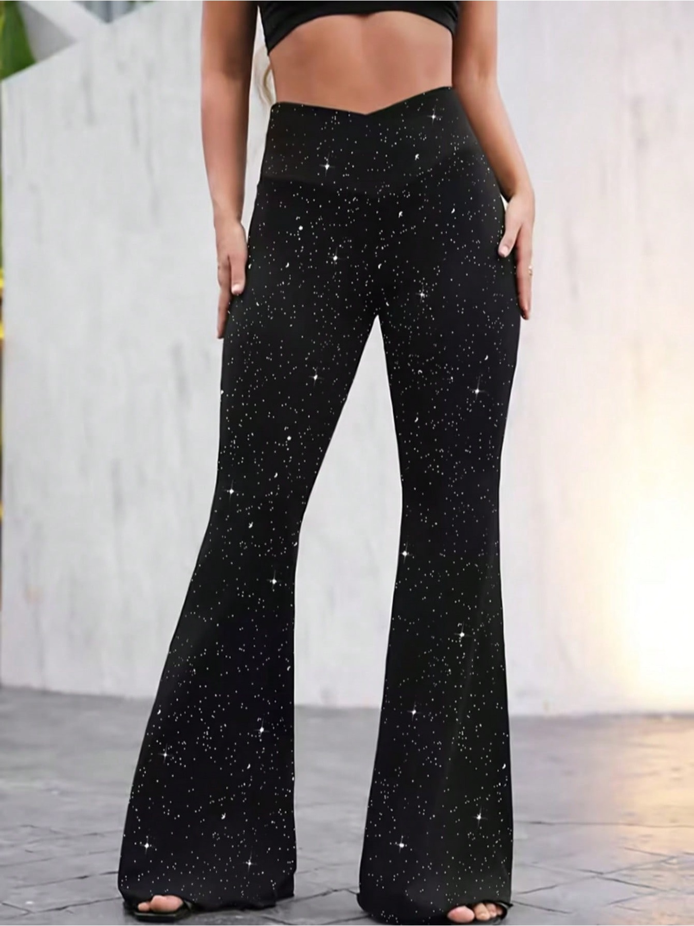 Pantalon long évasé à taille cintrée, confortable et décontracté, couleur unie, avec sequins, élégant pour femme