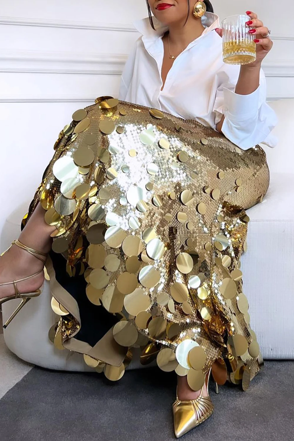 Jupes formelles grande taille pour femmes, élégantes, longues paillettes dorées, soirée, Club, taille haute, jupes de Cocktail décontractées