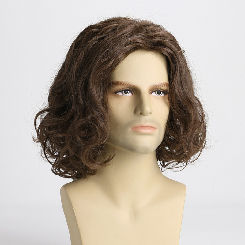 Perruque Courte Marron Moelleuse pour Homme, Style Euro-Américain, Unisexe, Cheveux Bouclés Rétro, Soie Haute Température, Bonnet en Maille, Usage Quotidien, Perruque Complète