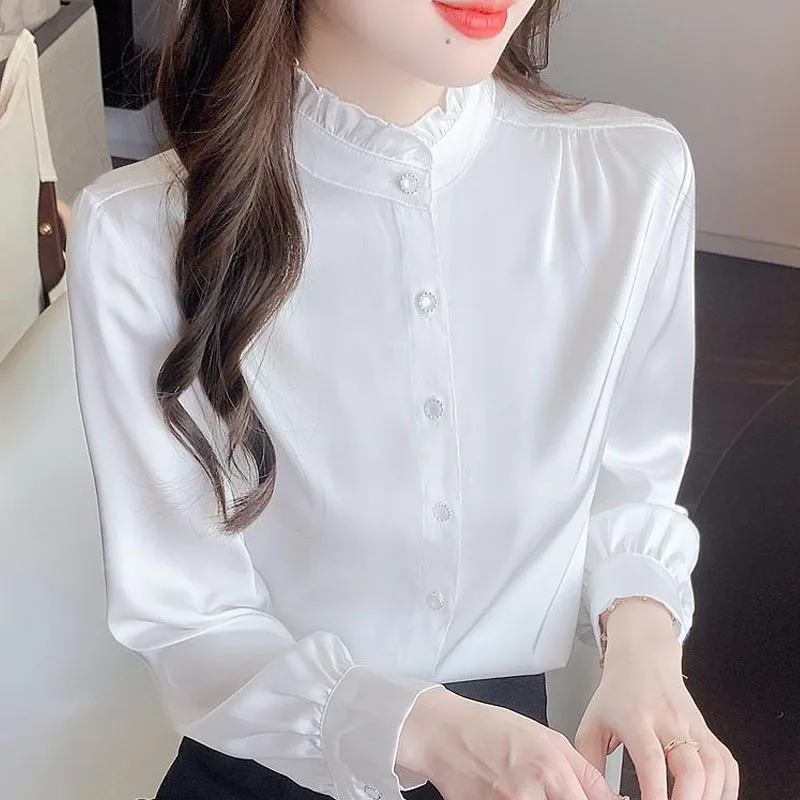 Chemisier en mousseline de soie à manches longues pour femmes, chemise à la mode, col montant, chemisier blanc, H540, 2024