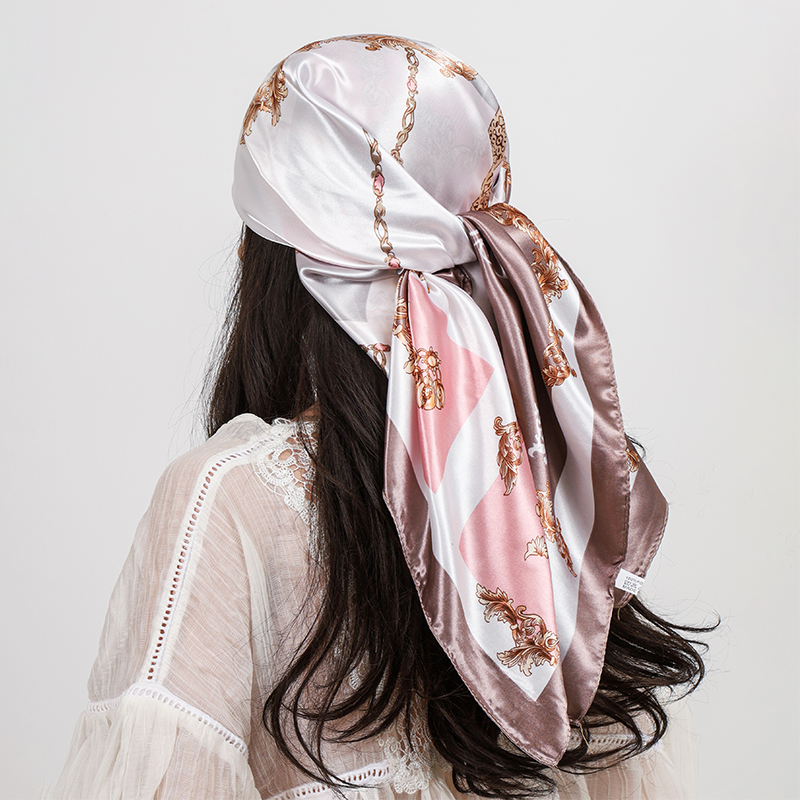 Mode Satin soie carré écharpe impression Design femmes châle et enveloppes bandeau musulman Hijab foulards bandeau de cheveux foulard 90*90 cm