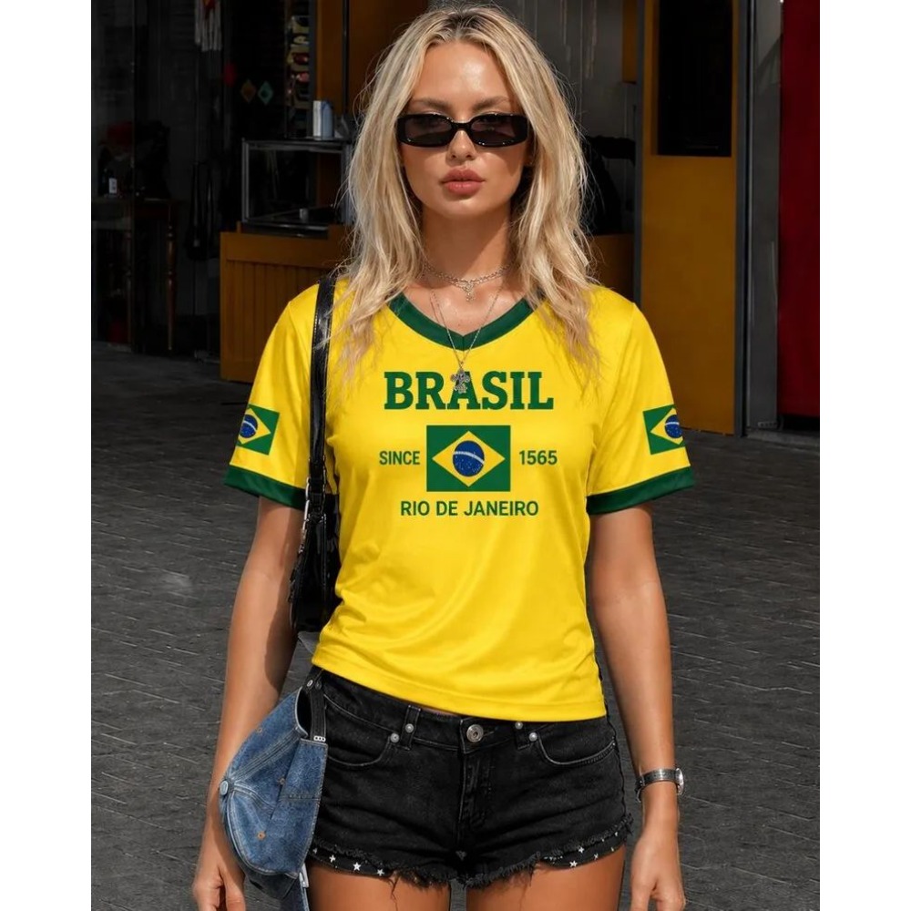 Maillot de football rétro Y2K pour femme, col en V, manches courtes, maille respirante, coupe ample, style streetwear décontracté, Brésil 00