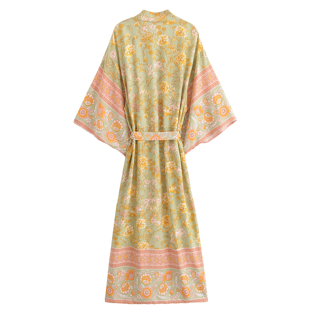 Boho Queens Vintage femmes imprimé fleuri ceintures bohème Kimono dames col en V manches chauve-souris rayonne Maxi Robe couvertures
