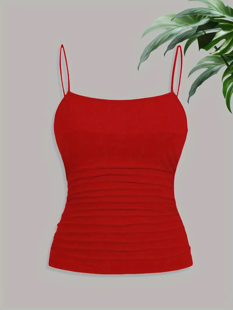 Débardeur Cami Élégant pour Femme à Bretelles Fines et Froncé, Coupe Ajustée, Sans Manches, Extensible et Doux, Style Basique, Mode Estivale, Noir