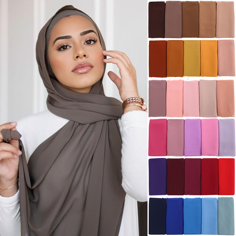Foulard Hijab Musulman en Mousseline de Soie pour Femme, Châle de Qualité Supérieure, Solide, pour Document, Couvre-Chef, Voile Musulman