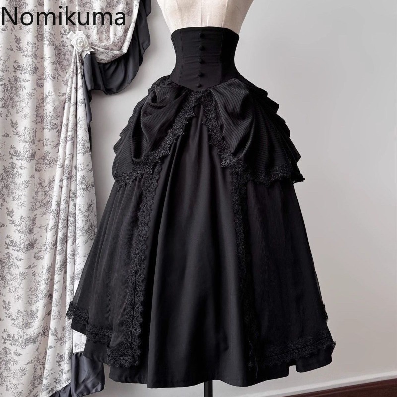 Jupes japonaises pour femmes 2025 Faldas Mujer De Moda taille haute a-ligne Jupe Lolita Style Patchwork dentelle Vintage Jupe longue 49C903
